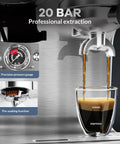 Real Day One Barista Gear Top Shelf Espresso Machine With Built In Grinder And Milk Frother, 20 Bar Pressure, 95 Oz Tank, Semi Automatic Coffee Maker For Smooth Cappuccino Latte Macchiato Brewing At Home showing espresso extraction with pressure gauge.