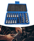 Grip Tight 34 Piece Socket Wrench Tool Set Featuring Knockout 3 In 1 Drive System arranged in blue case, ideal for auto repair.