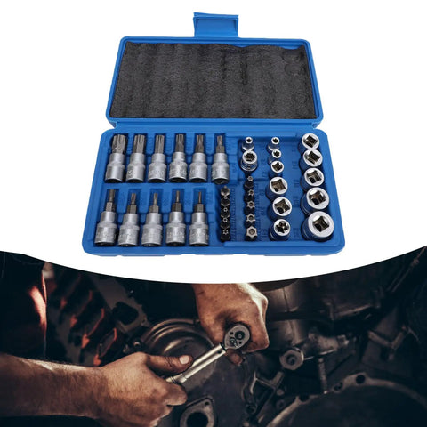 Grip Tight 34 Piece Socket Wrench Tool Set Featuring Knockout 3 In 1 Drive System arranged in blue case, ideal for auto repair.