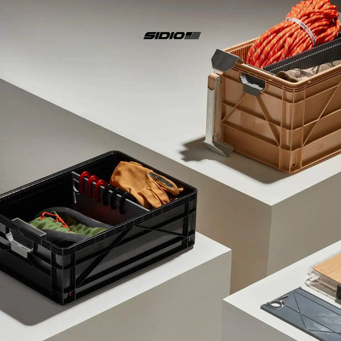 Heavy Duty Stackable Storage Bins With Standard Dividers Rock Solid Blue Plastic Crates For Garage And Closet, modular black crate with gloves and gear.