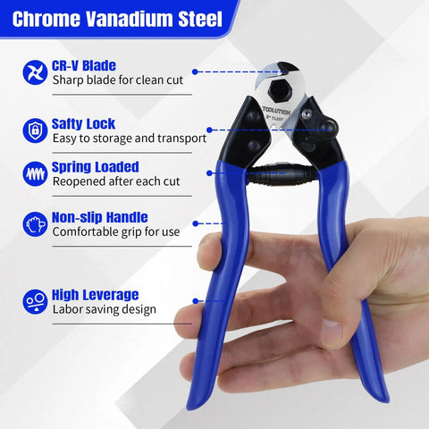 Heavy Duty 8 Inch Wire Rope Cutter With Hardened Blades Stainless Steel Cable Cutter For Clean Burr Free Cuts On Tough Jobs Built From CR V Steel For Rigging Construction Camping And DIY, blue handle