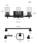 Dakota 5 Piece All In One Bathroom Set Includes Three Light Vanity Fixture With Seeded Glass Shades Bar Toilet Paper Holder Towel Ring Robe Hook In Matte Black Finish Sleek Industrial Vibe shown with dimensions