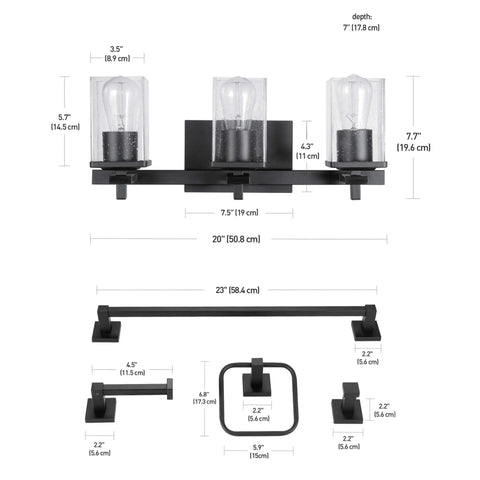 Dakota 5 Piece All In One Bathroom Set Includes Three Light Vanity Fixture With Seeded Glass Shades Bar Toilet Paper Holder Towel Ring Robe Hook In Matte Black Finish Sleek Industrial Vibe shown with dimensions