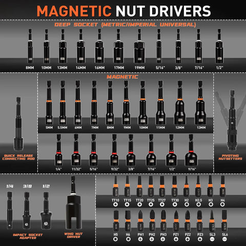 Killer 55 Piece Magnetic Impact Nut Driver Set Featuring Deep Metric And Sae Sockets with various sizes and a quick release connecting rod.