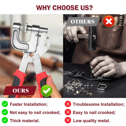 Comparison of leather craft tools for rivets and magnetic snaps kit installation highlighting efficiency and quality.