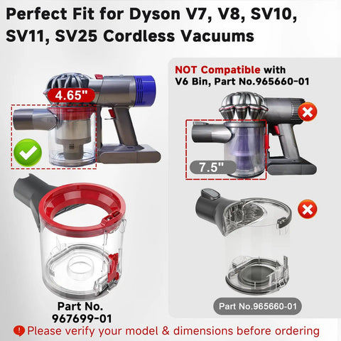 Upgraded Dust Bin Canister Replacement for V7 V8 SV10 SV11 SV25 Cordless Vacuum Cleaners 96769901 in two sizes, highlighting fit