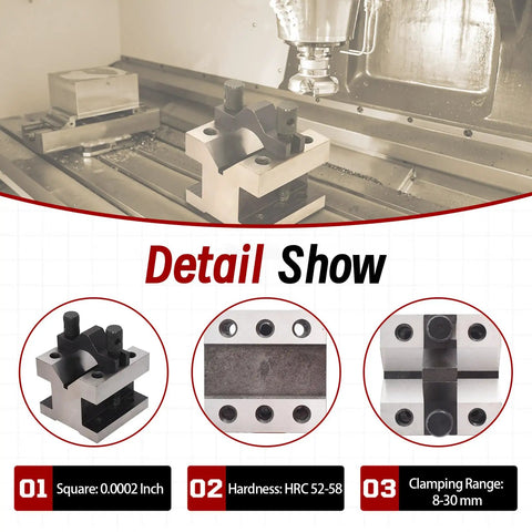 Top Notch Pro Grade V Block With Clamp Set, Hardened Steel 58-60 HRC, 90 Degree V Block Pair For Precision Machining, 2-3/8 x 2-3/8 x 2 Inches, Multi Use Gauge, Precise 0.0002 Tolerance, Wooden Case used in CNC milling