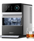 Top Counter Ice Cube Maker App Enabled Produces 110 Massive Two Inch Crystal Clear Daily Cubes For Your Home Bar with whiskey glass.