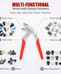 Non Destructive Car Clip Pliers Set With 20 8mm Rivets, showing pliers and various clips on white background.