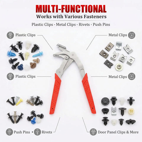 Non Destructive Car Clip Pliers Set With 20 8mm Rivets, showing pliers and various clips on white background.