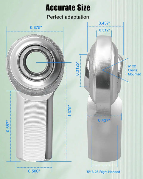 Four Piece Right Hand 5/16 X 5/16 24 Heim Bearing Rod End Kit dimensions shown with accurate size measurements.