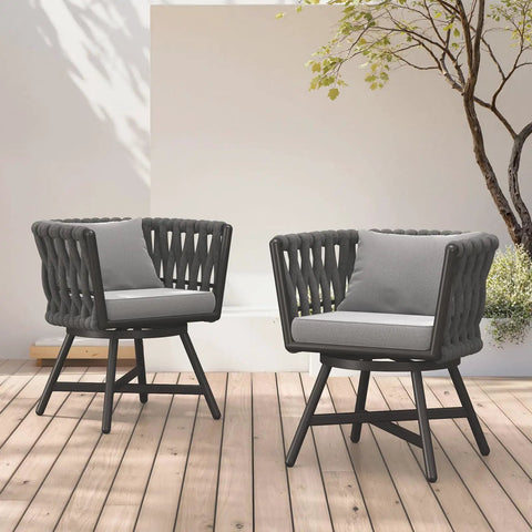 Patio Rope Swivel Dining Chairs Set Of 2 With Cushions, Heavy Duty Outdoor Bistro Chairs, Light Gray, on wooden deck