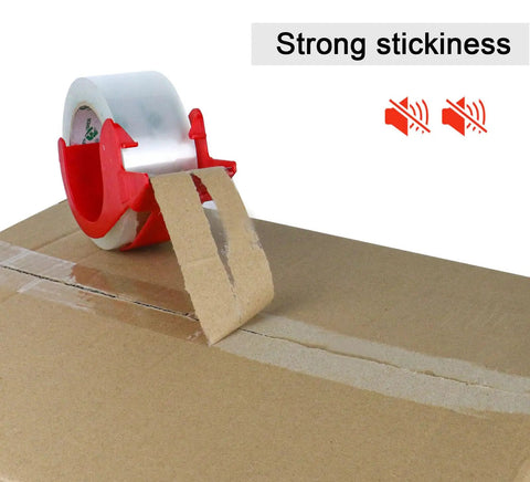 No Noise Clear Packing Tape Heavy Duty Packaging Tape Refill Rolls for Sealing shown on cardboard box with dispenser, silent use