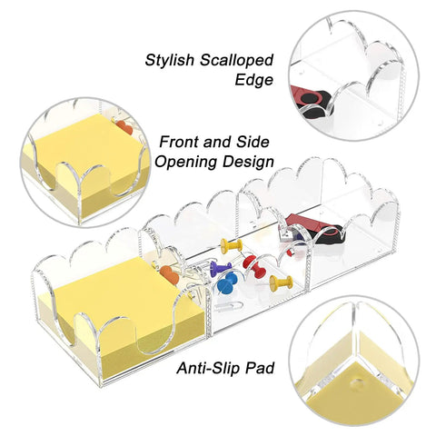 Magnetic 3in1 Acrylic Sticky Note Holder Dispenser Dope Desktop Organizer for 3x3 Post It Notes and Memo Pads with non-slip base.