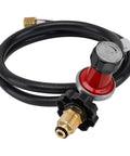 Adjustable propane regulator 0-30 PSI with 48-inch hose and brass fittings for outdoor cooking setups.