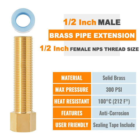 1/2 Inch Brass Pipe Extension Fittings Male To Female NPS Nipple Adapter For Tub Spout, 100mm Length, highlighted features