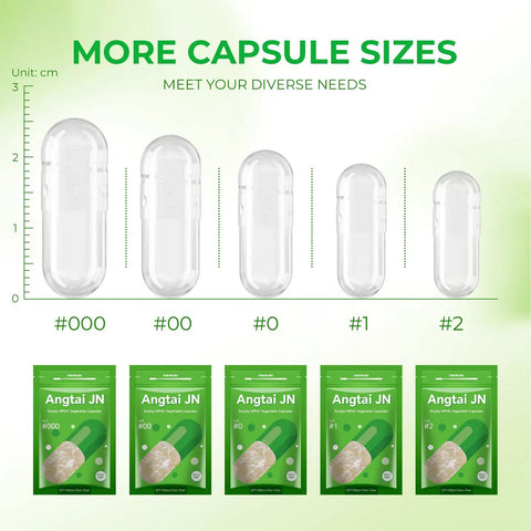 Different sizes of clear plant-based capsules with packaging, including Size 0 Empty Vegan Capsules Kit for DIY Supplements.