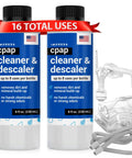 CPAP Cleaning Solution Duo Pack 2 x 8 Oz Bottles With Citric Acid Descaler, Residue-Free Formula For Safe Plastic Components, Sleep System Cleaner, On-The-Go Travel-Friendly Pack For Easy Maintenance. Two 8 oz CPAP cleaner bottles with mask and tubing