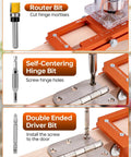 Heavy Duty Door Hinge Jig And Lock Installation Kit With Anodized Aluminum Router Template For Three To Five Inch Hinges One Quarter Inch And Five Eighth Inch Radius Complete Door Knob And Deadbolt Mortise Drilling Guide Tool Set showing router, hinge, and driver bits.