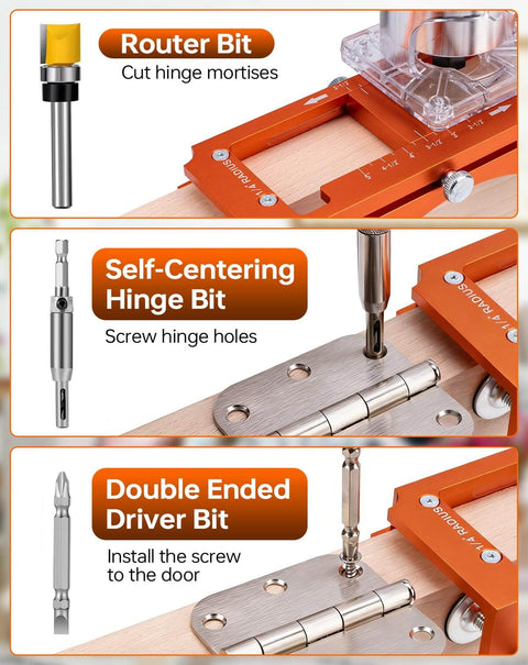 Heavy Duty Door Hinge Jig And Lock Installation Kit With Anodized Aluminum Router Template For Three To Five Inch Hinges One Quarter Inch And Five Eighth Inch Radius Complete Door Knob And Deadbolt Mortise Drilling Guide Tool Set showing router, hinge, and driver bits.