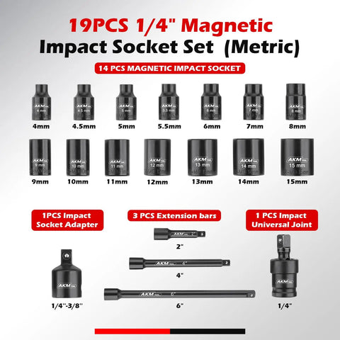 Magnetic Impact Socket Set With One Quarter Inch Drive Pro Grade 19 Piece Metric Range 4mm To 15mm 6 Point CrMo Square Drive Magnetic Sockets With Adapter Universal Joint And Extension.
