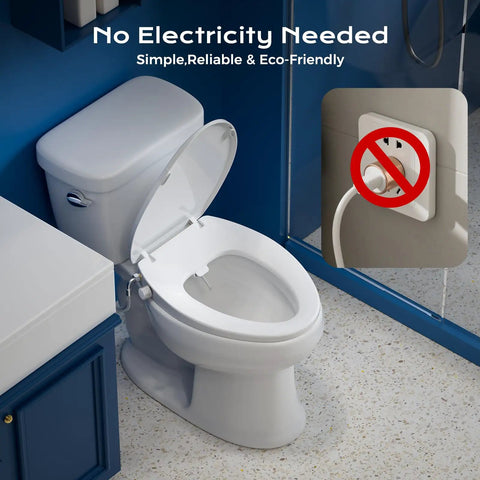 Elongated Bidet Toilet Seat With Adjustable Water Pressure Self Cleaning Nozzles in bathroom with no electricity needed design.