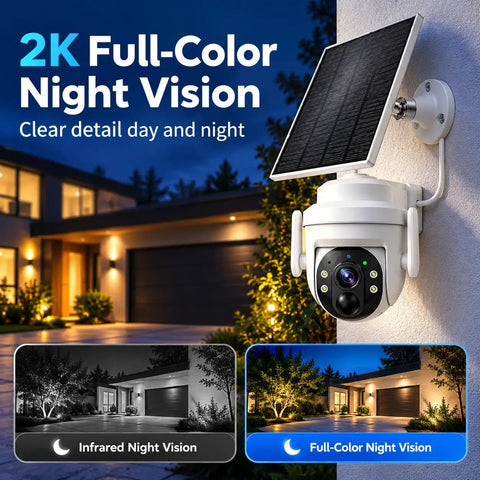 Wireless 2K HD Outdoor Security Camera With Massive 6000mAh Battery And Smart AI Motion Alerts And Rockin Night Vision And Crystal Clear Two Way Audio And Rugged IP65 Weather Armor For Home Defense White mounted on wall, showcasing full-color night vision.