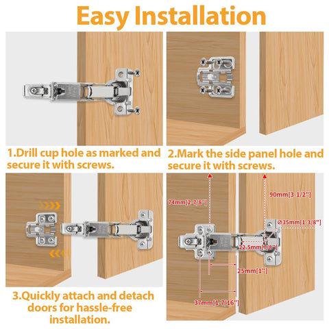 TamBee 48mm concealed hydraulic cabinet hinge, nickel-plated steel, soft-close for frameless kitchen doors, 1 pair.