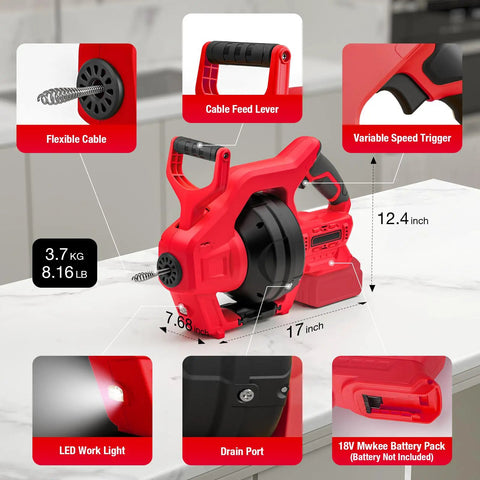 Heavy Duty Cordless Electric Drain Auger Zero Cord Drama Slick Clog Buster Plumbing Pipe Cleaner Bare Tool showing variable speed trigger and cable feed.