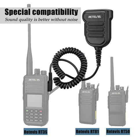Heavy Duty Radio Microphone Shoulder Mic For Police And Hobbyists IP54 Waterproof Walkie Talkie Mic With K Head Plug shown with walkie talkies