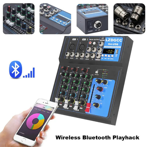 4 Channel DJ Mixer Board With Bluetooth USB Audio Interface And 48V Phantom Power, Portable Sound Mixer in use with smartphone