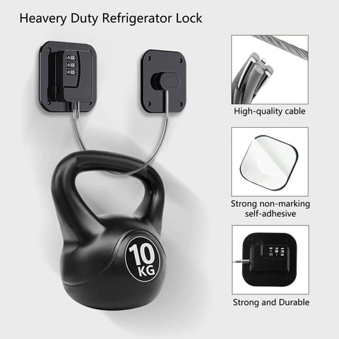 Boss Level Fridge Lock For Kitchen Cabinets And Pantry Drawers Heavy Duty Combo Padlock Kid Safe Keyless Tumbler mounted on a wall with a cable.