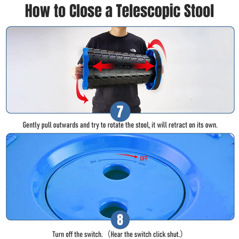 Upgraded Foldable Stool Set Of 2 Portable Collapsible Chair showing how to close and lock using arrows and button indicators.