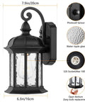 Dusk to Dawn Outdoor Wall Lights With Water Ripple Glass Waterproof Lanterns For Porch Front Door Patio Or Garage Sensor Ready Easy Install Pack Of 2 Outdoors showing dimensions and features.