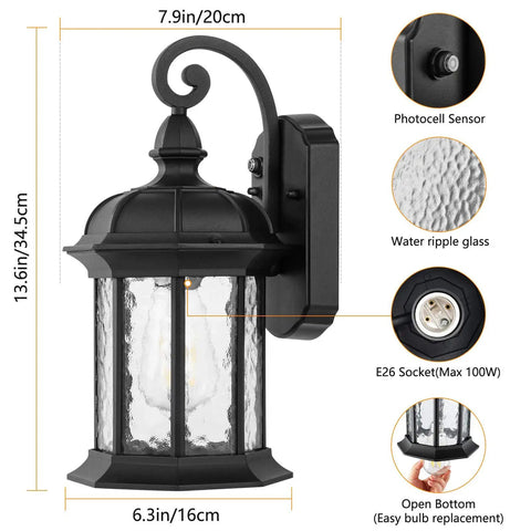 Dusk to Dawn Outdoor Wall Lights With Water Ripple Glass Waterproof Lanterns For Porch Front Door Patio Or Garage Sensor Ready Easy Install Pack Of 2 Outdoors showing dimensions and features.