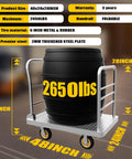 2IN1 48x24 Platform Truck Cart 2650lbs Heavy Duty Flatbed Dolly with a barrel loaded on it, showing dimensions and features.
