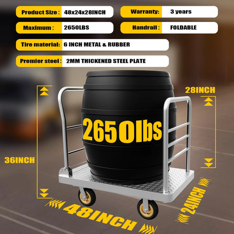 2IN1 48x24 Platform Truck Cart 2650lbs Heavy Duty Flatbed Dolly with a barrel loaded on it, showing dimensions and features.