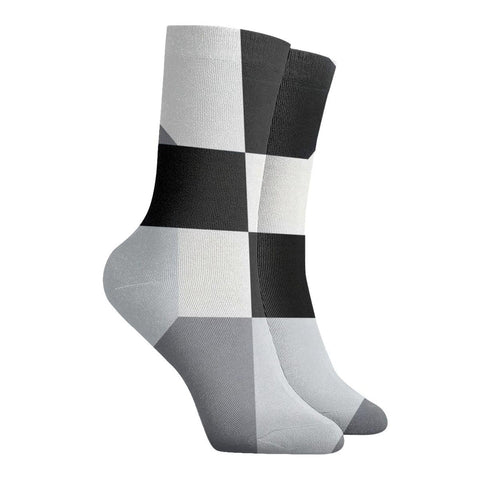 Unisex Black And White Piano Grid Thermal Crew Socks For Cold Snap Days and Breathable Moisture Wicking Winter Footwear.