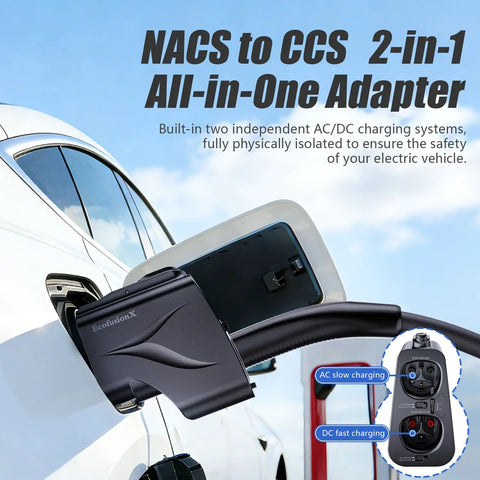 Heavy Duty 2 In 1 NACS To CCS1 And J1772 Charging Adapter Plug N Play For Non Tesla EVs Drops Full Throttle 250KW Juice Dead Center At Tesla Supercharger V3 V4 Charging Lots, close-up on a vehicle charging port.