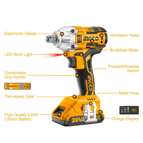 20V Cordless Impact Wrench Set With Brushless Motor Half Inch Drive Beefy Power Includes Two Batteries Fast Charger 3 Sockets Handy Carry Bag Model CIWLI2001A