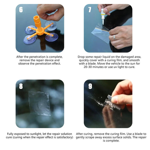 Steps showing Efficient Windshield Repair Kit For Scratches And Cracks On Windshield And Windscreen Quick Fix With DIY application