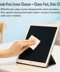 Streak-Free Lens Cleaning Wipes front view; hand wiping a tablet screen with a white wipe