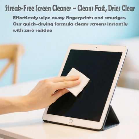 Streak-Free Lens Cleaning Wipes front view; hand wiping a tablet screen with a white wipe