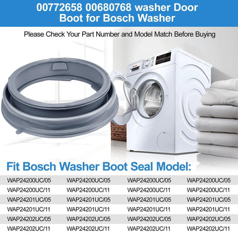 Beefed Up 00772658 Washer Door Boot Seal Replacement Kit for Front Load Gasket with Bosch washer compatibility displayed in image