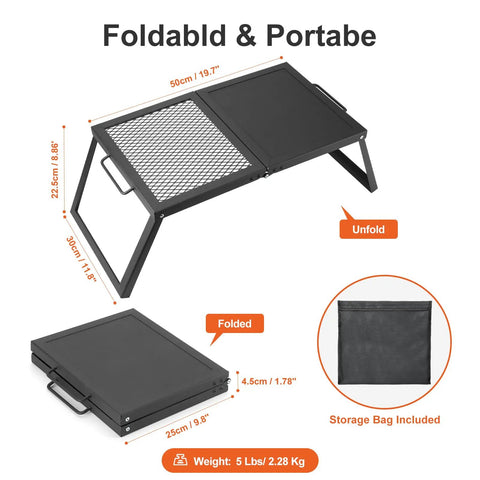 Folding Campfire Grill With Heavy Duty Steel Mesh Grate And Folding Legs Portable Over Fire Pit Rack For Outdoor Cooking Bonfires Camping And Picnics Includes Storage Bag, unfolded and folded view with measurements