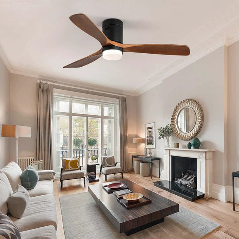 52 Inch Ceiling Fan With Lights 3 Solid Wood Fan Blade in a modern living room, featuring a black finish and integrated LED light.
