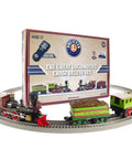 Great Locomotive Chase Deluxe LionChief Bluetooth 5.0 Set with steam locomotives on O gauge track with box.