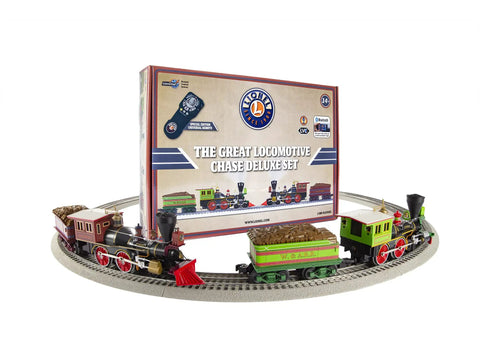 Great Locomotive Chase Deluxe LionChief Bluetooth 5.0 Set with steam locomotives on O gauge track with box.