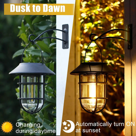 Outdoor Solar Lanterns With Hooks, No Fuss Easy Setup, Waterproof Metal Wall Lanterns showing dusk to dawn lighting.