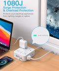 Plug Away With This Slick Flat Surge Protector Power Strip Featuring Eight Roomy Ac Outlets And Four Fast Usb Ports To Charge All Your Gear Smoothly Without Cluttering Your Desk Or Emptying Your Wallet on a desk with devices plugged in.